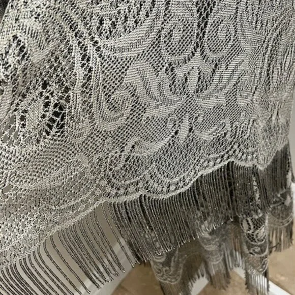 Onyx Nite Vintage Wendye Chaitin Silver Metallic Mesh Fringe Midi Dress & Duster - Picture 8 of 11